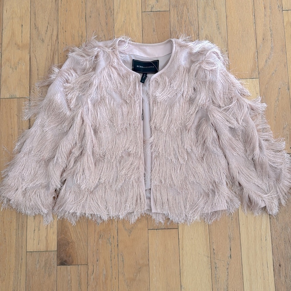 BCBG Max Azria | blush “jaxon” fringe jacket | size XS
